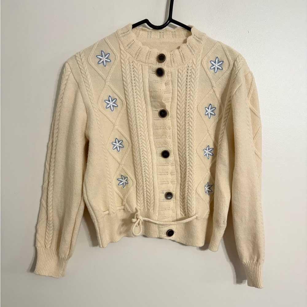 Cream Button-Up Sweater with Floral Embroidery Size Small